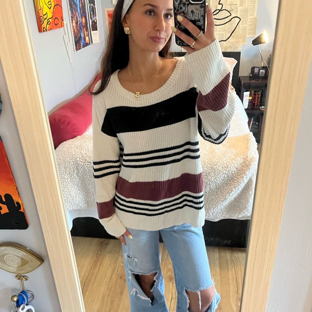 Striped Knit Sweater - Black, White, and Brown